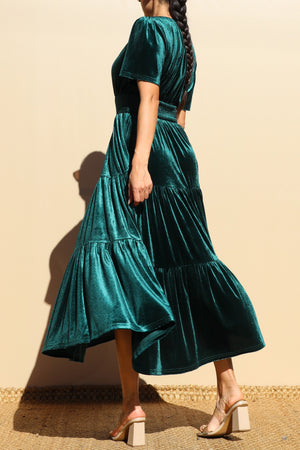 DD7845, TIERED VELVET V NECK MIDI DRESS