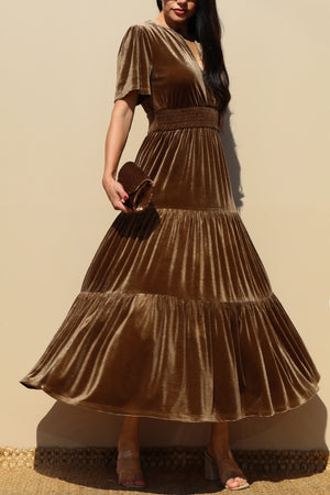 DD7845, TIERED VELVET V NECK MIDI DRESS