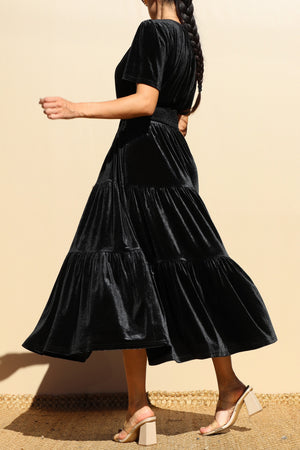 DD7845, TIERED VELVET V NECK MIDI DRESS