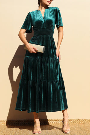 DD7845, TIERED VELVET V NECK MIDI DRESS