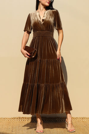 DD7845, TIERED VELVET V NECK MIDI DRESS