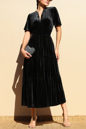 DD7845, TIERED VELVET V NECK MIDI DRESS