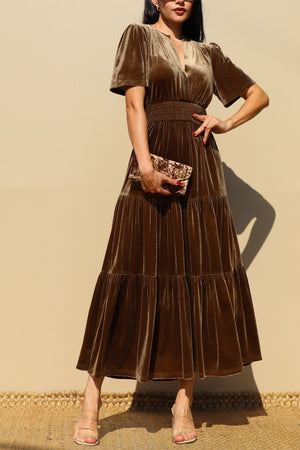 DD7845, TIERED VELVET V NECK MIDI DRESS