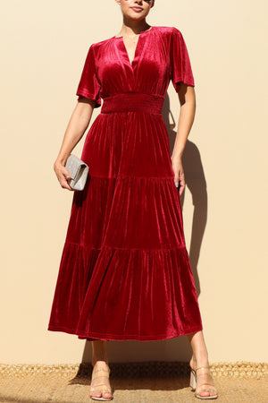 DD7845, TIERED VELVET V NECK MIDI DRESS