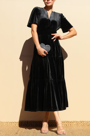 DD7845, TIERED VELVET V NECK MIDI DRESS