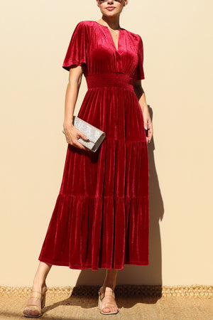 DD7845, TIERED VELVET V NECK MIDI DRESS