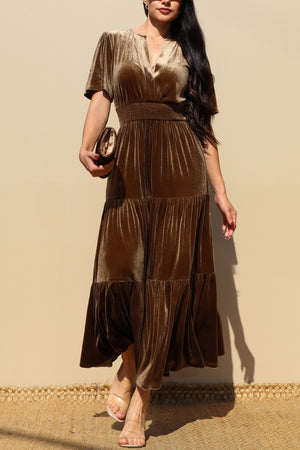 DD7845, TIERED VELVET V NECK MIDI DRESS