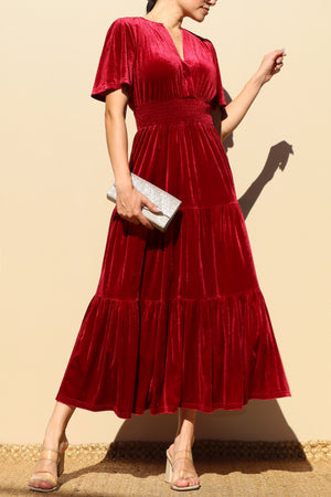 DD7845, TIERED VELVET V NECK MIDI DRESS