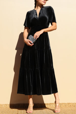 DD7845, TIERED VELVET V NECK MIDI DRESS