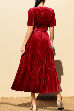 DD7845, TIERED VELVET V NECK MIDI DRESS