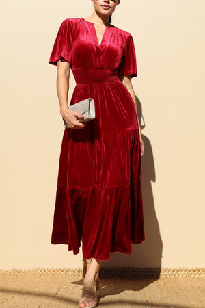 DD7845, TIERED VELVET V NECK MIDI DRESS