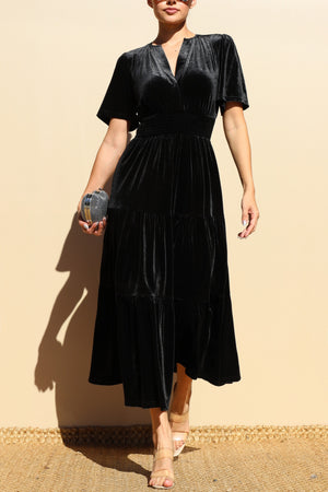 DD7845, TIERED VELVET V NECK MIDI DRESS