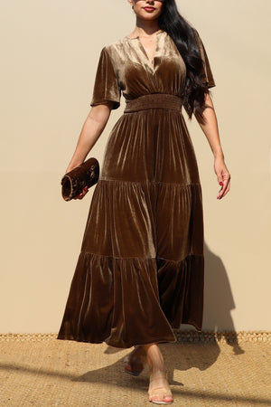 DD7845, TIERED VELVET V NECK MIDI DRESS