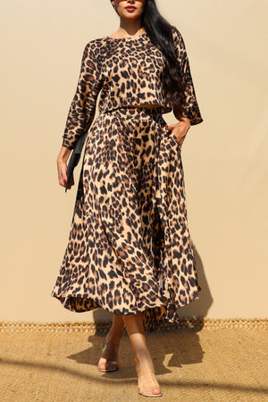 DD7843, Leopard Loose Fit Top and Flared Midi Skirt Set