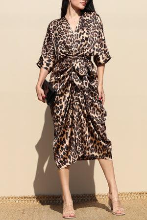 DD7837, LEOPARD BUTTON DOWN SATIN MIDI DRESS