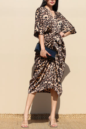 DD7837, LEOPARD BUTTON DOWN SATIN MIDI DRESS