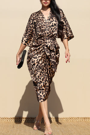 DD7837, LEOPARD BUTTON DOWN SATIN MIDI DRESS