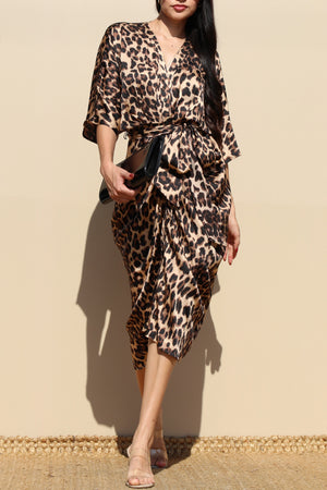 DD7837, LEOPARD BUTTON DOWN SATIN MIDI DRESS