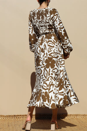 DD7789, SMOCKED TOP WOVEN MIDI DRESS