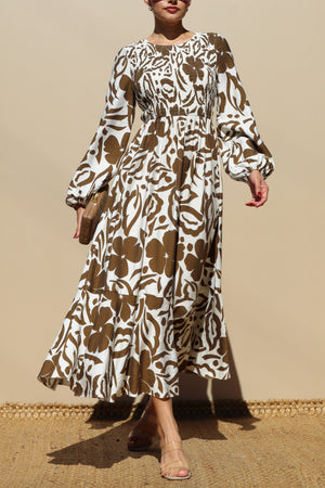 DD7789, SMOCKED TOP WOVEN MIDI DRESS