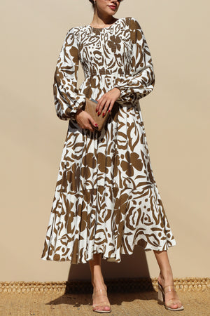 DD7789, SMOCKED TOP WOVEN MIDI DRESS