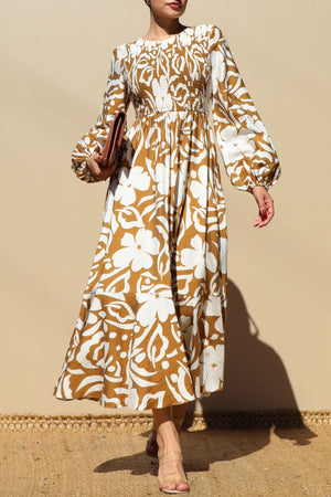DD7789, SMOCKED TOP WOVEN MIDI DRESS