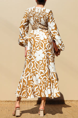 DD7789, SMOCKED TOP WOVEN MIDI DRESS
