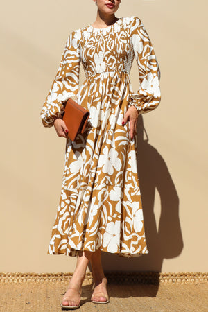 DD7789, SMOCKED TOP WOVEN MIDI DRESS