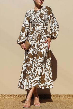 DD7789, SMOCKED TOP WOVEN MIDI DRESS