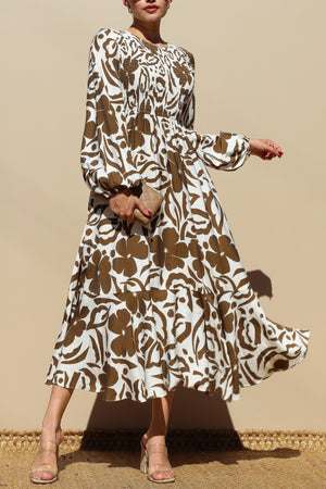 DD7789, SMOCKED TOP WOVEN MIDI DRESS