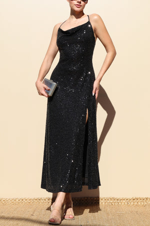 DD7841, SEQUIN COWL NECK SLIT MIDI DRESS