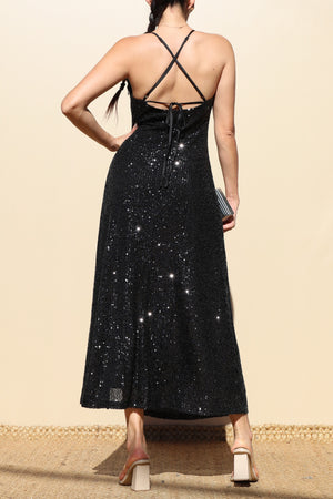 DD7841, SEQUIN COWL NECK SLIT MIDI DRESS
