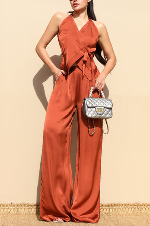 DD5174, HALTER NECK WRAP SATIN TOP AND PANT SET