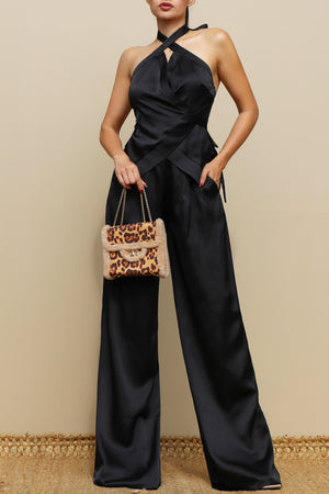 DD5174, HALTER NECK WRAP SATIN TOP AND PANT SET