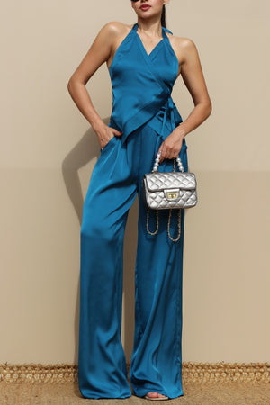 DD5174, HALTER NECK WRAP SATIN TOP AND PANT SET