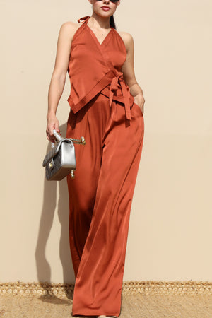 DD5174, HALTER NECK WRAP SATIN TOP AND PANT SET