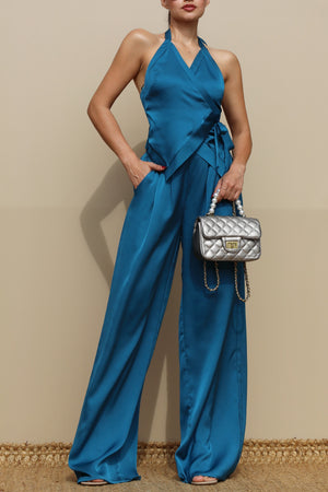 DD5174, HALTER NECK WRAP SATIN TOP AND PANT SET