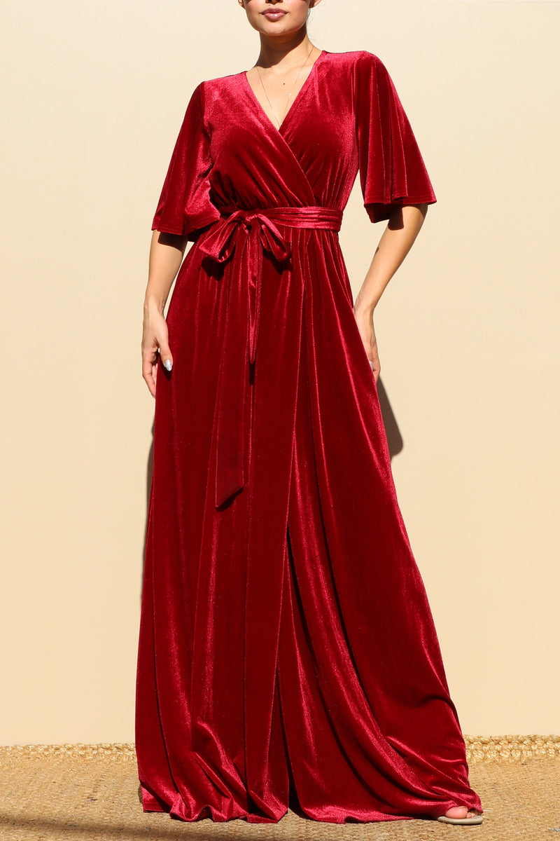 DD6516, BELL SLEEVES VELVET MAXI DRESS