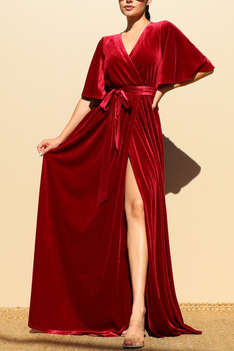 DD6516, BELL SLEEVES VELVET MAXI DRESS