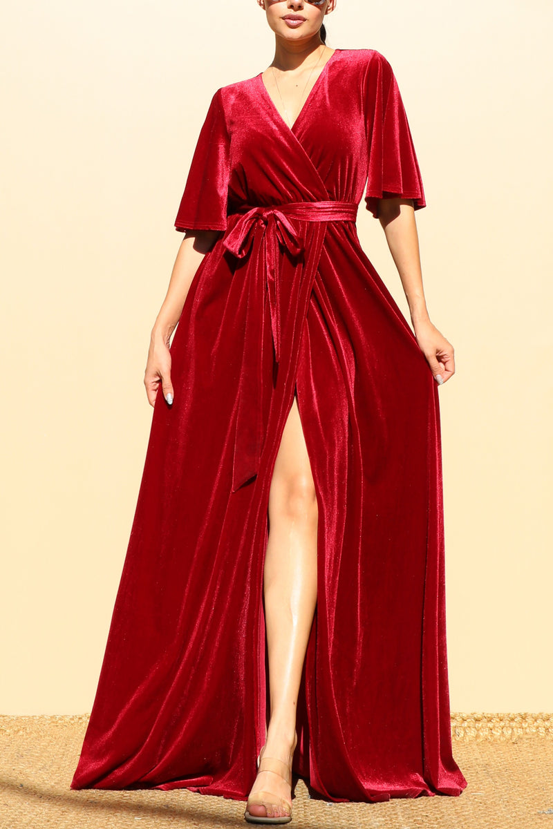 DD6516, BELL SLEEVES VELVET MAXI DRESS