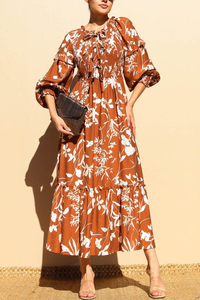 DD7750, PRINTED SMOCK TOP WOVEN MIDI DRESS