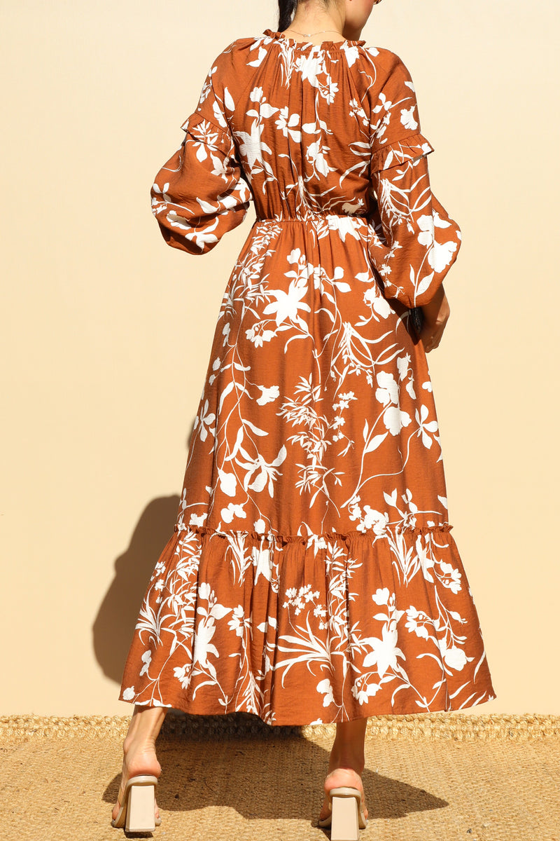 DD7750, PRINTED SMOCK TOP WOVEN MIDI DRESS