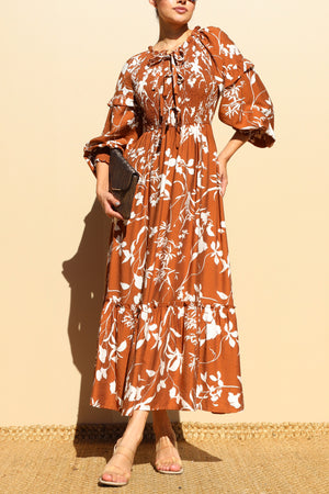 DD7750, PRINTED SMOCK TOP WOVEN MIDI DRESS