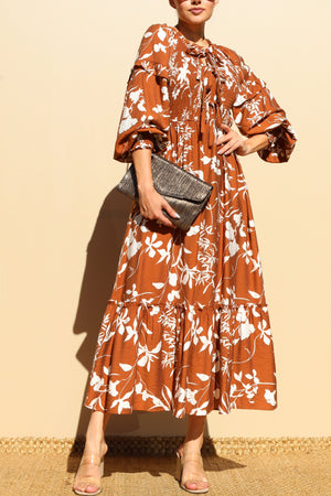 DD7750, PRINTED SMOCK TOP WOVEN MIDI DRESS