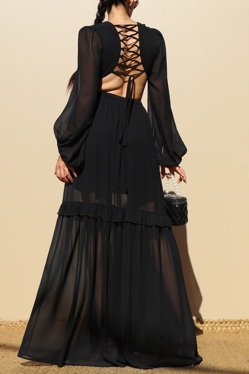 DD1913, LACE UP WOVEN MAXI DRESS