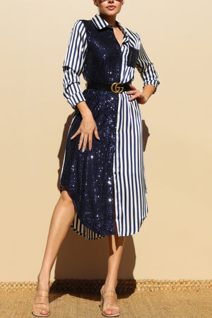 DD4030, Sequin Button Down Satin Shirt Maxi Dress