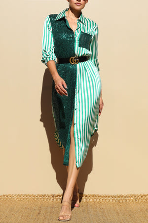 DD4030, Sequin Button Down Satin Shirt Maxi Dress