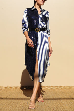 DD4030, Sequin Button Down Satin Shirt Maxi Dress