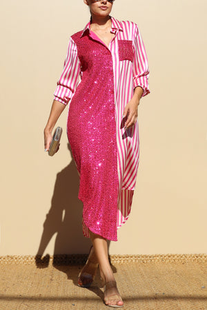 DD4030, Sequin Button Down Satin Shirt Maxi Dress