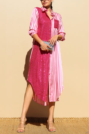 DD4030, Sequin Button Down Satin Shirt Maxi Dress